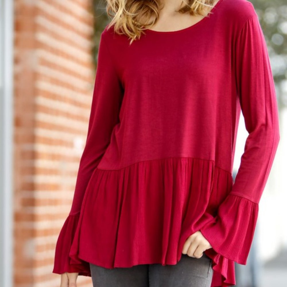 Burgundy Peplum Lace Up Tee
